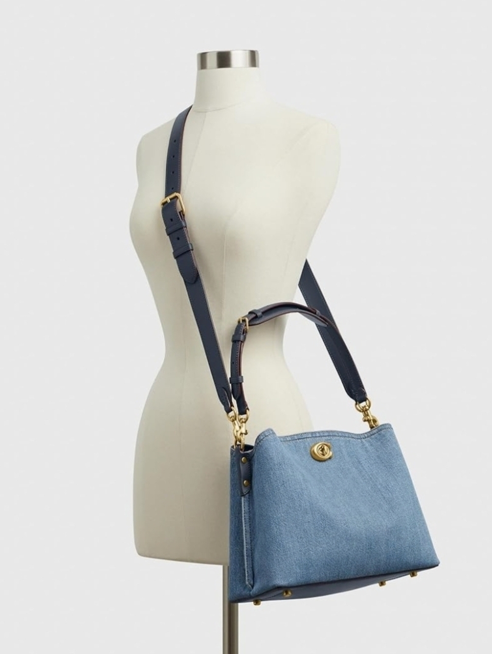 Willow Denim Shoulder Bag With Crossbody Strap. Indigo. Feet On Bottom. Sold Out